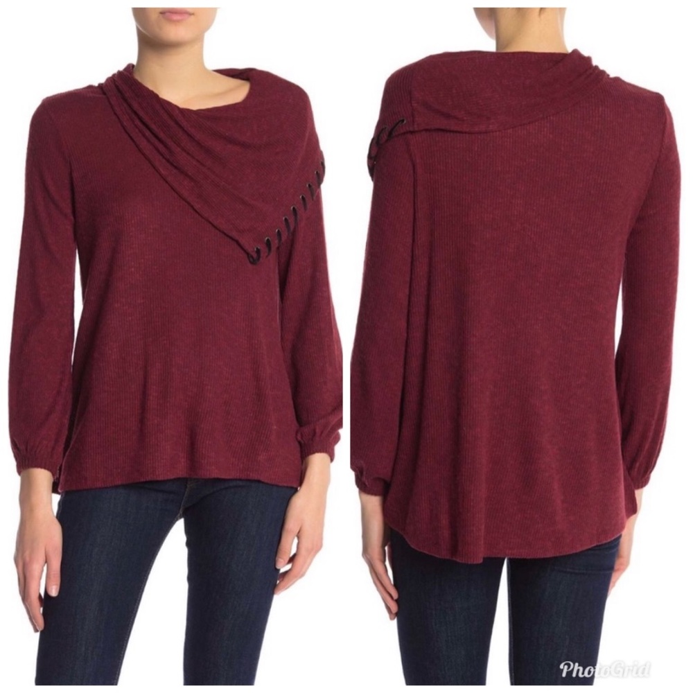 Asymmetrical cowl neck long sleeve
